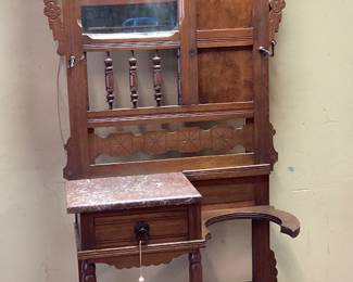 ANTIQUE OAK HALL TREE MARBLE TOP WITH BRASS UMBRELLA DRIP TRAY 27w x 76h