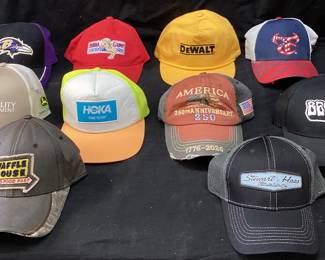 (10) ASSORTED BASEBALL CAPS & TRUCKER HATS WAFFLE HOUSE, DEWALT, JOHN DEER, BUBBA GUMP SHRIMP CO, STEWART HAAS RACING, BEER CO, HOKA