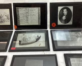 ANTIQUE REVOLUTIONARY WAR ERA LANTERN GLASS SLIDE PLATES, 1777 LETTER SIGNED BY JOHN NIXON & JOHN WHARTON, VARIOUS LETTERS DATED 1778 & 1779, ELEAZER OSWALD PORTRAIT, FORT GEORGE POWDER HORN, THE DEPLORABLE STATE OF AMERICA OR SC-H GOVERNMENT BRITISH CARTOON, AMERGIO VESPUCCI EXPLORER WITH EASTMAN LANTERN SLIDE PLATES BOX & SEEDâ€™S DRY PLATES BOX