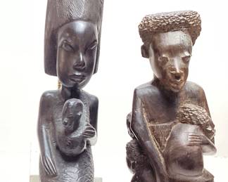 (2) HAND CARVED AFRICAN WOOD MOTHER & CHILD SCULPTURES, 18in H
