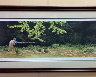  NC ARTIST BOB TIMBERLAKE SIGNED #650/3484 KURALT AT WHITES CREEK FRAMED PRINT, FAMED JOURNALIST CHARLES KURALT FLY FISHING IN NC MOUNTAINS NO SHIPPING PICKUP ONLY