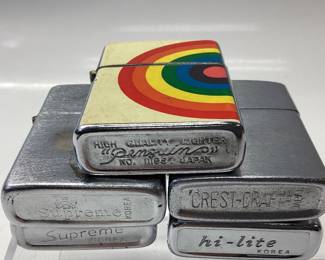  5 ZIPPO STYLE LIGHTERS SUPREME, CREST CRAFT, HI LITE,