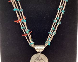 VTG. NAVAJO A. C. HENRY STERLING SILVER KOKOPELLI with NATURAL TURQUOISE AND CORAL NECKLACE