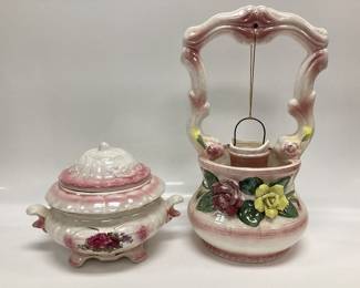 VTG. LUSTERWARE CAPODIMONTE STYLE WISHING WELL AND FOOTED TUREEN