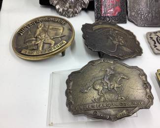 8 vtg. Belt buckles. NRA, NFL, Bambu, Railroad, lion. Great selection. Wells Fargo buckle is missing fastener hardware on back