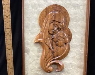MID CENTURY CARVED WOOD MADONNA & CHILD WALL PLAQUE ON ABALONI BACKGROUND, FRAMED NO SHIPPING PICKUP ONLY