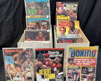 BOXES OF ASSORTED VTG. SPORTS MAGAZINES, INTERNATIONAL BOXING, SPORTS ILLUSTRATED, MIKE TYSON DESERT STORM, NBA FINALS, MUHAMMAD ALI NO SHIPPING PICKUP ONLY