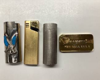 4) VTG. LIGHTERS NAVJO TURQUOISE EAGLE LIGHTER CASE, AIR BLAZE PIPE LIGHTER, QUARTER LIGHTER AND ESSAYER GOLD BAR LIGHTER