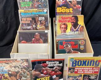 BOXES OF ASSORTED VTG. SPORTS MAGAZINES, INTERNATIONAL BOXING, SPORTS ILLUSTRATED, MIKE TYSON DESERT STORM, NBA FINALS, MUHAMMAD ALI NO SHIPPING PICKUP ONLY
