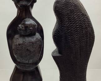 (2) HAND CARVED AFRICAN EBONY WOOD MOTHER & CHILD SCULPTURES