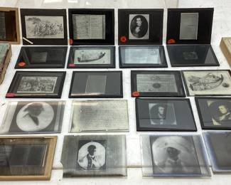 ANTIQUE REVOLUTIONARY WAR ERA LANTERN GLASS SLIDE PLATES, 1777 LETTER SIGNED BY JOHN NIXON & JOHN WHARTON, VARIOUS LETTERS DATED 1778 & 1779, ELEAZER OSWALD PORTRAIT, FORT GEORGE POWDER HORN, THE DEPLORABLE STATE OF AMERICA OR SC-H GOVERNMENT BRITISH CARTOON, AMERGIO VESPUCCI EXPLORER WITH EASTMAN LANTERN SLIDE PLATES BOX & SEEDâ€™S DRY PLATES BOX