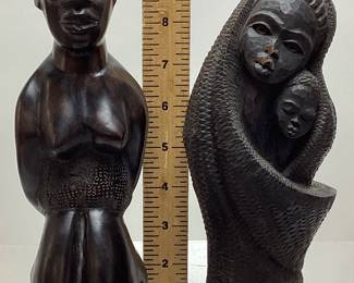(2) HAND CARVED AFRICAN EBONY WOOD MOTHER & CHILD SCULPTURES