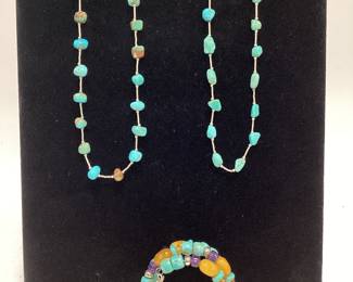 2 VINTAGE JAY KING SOUTHWEST TURQUOISE AND LIQUID STERLING SILVER NECKLACES AND A JAY KING COIL BRACELET TURQUOISE, PURPLE AND YELLOW GEMSTONES