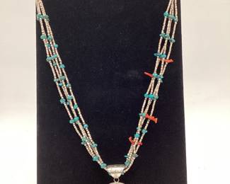 VTG. NAVAJO A. C. HENRY STERLING SILVER KOKOPELLI with NATURAL TURQUOISE AND CORAL NECKLACE