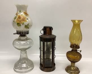 3 VTG. OIL LAMPS AMBER GLASS LANTERN, MILK GLASS FLORAL AND METAL NAVIGATION SEA LANTERN WITH