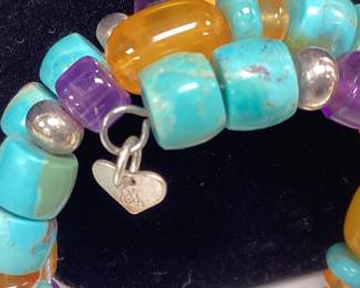 2 VINTAGE JAY KING SOUTHWEST TURQUOISE AND LIQUID STERLING SILVER NECKLACES AND A JAY KING COIL BRACELET TURQUOISE, PURPLE AND YELLOW GEMSTONES