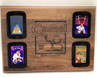 VINTAGE ZIPPO 1996 JOE CAMEL LIGHTERS Set of 4 complete with wooden plaque RJR
