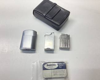 VINTAGE RONSON, COSMO, ASR LIGHTERS AND LEATHER CIGARETTE CASE AND BANTRON TIN