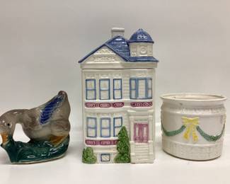 HEARTH AND HOME COOKIE JAR, GOOSE PLANTER AND YELLOW BOW PLANTER