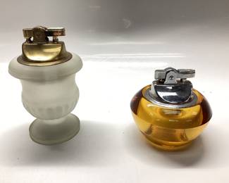 VTG. AMBER VIKING GLASS ORB TABLE LIGHTER AND FROSTED SATIN GLASS TABLE LIGHTER
