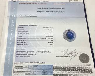 14KT WHITE GOLD STAR SAPPHIRE RING, SIZE 6.5, 6.33ct SAPPHIRE, GAL APPRAISAL $4,025.00