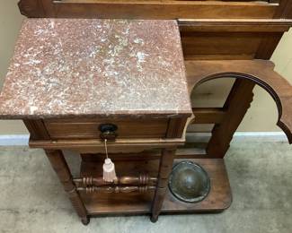 ANTIQUE OAK HALL TREE MARBLE TOP WITH BRASS UMBRELLA DRIP TRAY 27w x 76h