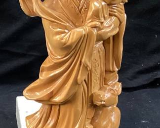  HAND CARVED WOOD CHINESE MOTHER & CHILD w DOG SCULPTURE, 9in H
