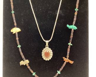 VINTAGE NATIVE AMERICAN NECKLACES AND PENDENTS HANDCRAFTED NAVAJO FETISH NECKLACE, LARGE NATURAL MAHOGANY OBSIDIAN STERLING SILVER PENDENT ON A NAVAJO BARREL LINK STERLING SILVER CHAIN