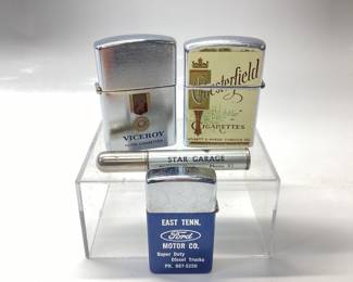 4 ADVERTISING LIGHTERS FORD MOTOR CO. CHESTERFIELD CIGARETTES, VICTORY CIGARETTES AND STAR GARAGE CHRYSLER