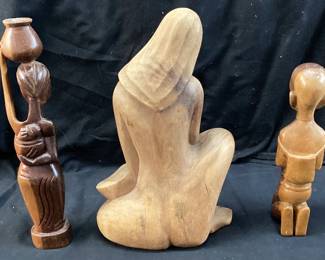 (3) HAND CARVED WOODEN MOTHER DAUGHTER SCULPTURES