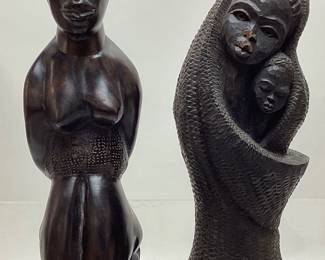 (2) HAND CARVED AFRICAN EBONY WOOD MOTHER & CHILD SCULPTURES