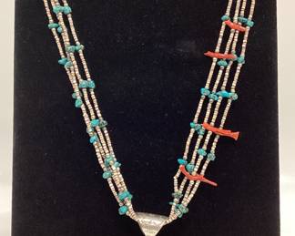 VTG. NAVAJO A. C. HENRY STERLING SILVER KOKOPELLI with NATURAL TURQUOISE AND CORAL NECKLACE