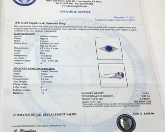 18KT WHITE GOLD SAPPHIRE & DIAMOND RING, SIZE 8.75, 1.14ct SAPPHIRE, 0.06cts DIAMONDS, 3.1g TOTAL WEIGHT, AIGL APPRAISAL $5,606.00