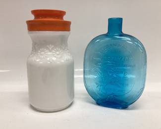 VTG. MILK GLASS TANG JAR AND BLUE GLASS ROSEMARY JAR