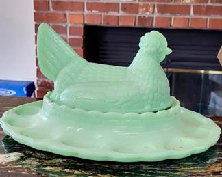 Jadeite hen on nest egg plate