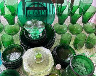 Green glassware with some uranium glass