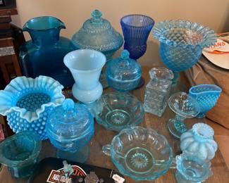 Blue hobnail and depression glass pieces