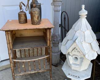 Cast iron hitching post, bamboo table 