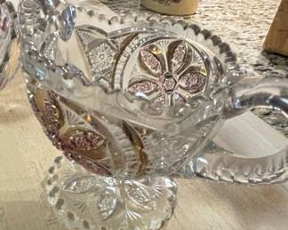 Victorian Pressed Glass Relish Dish and Gravy Boat with Pink and Gold Overlay third image
