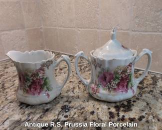 Antique R.S. Prussia Floral Porcelain Sugar Bowl and Creamer Set