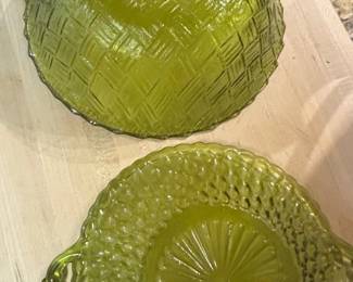 Vintage Indiana Glass Co. Olive Green Basketweave and Grape Harvest Serving Bowls