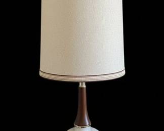 MidCentury Modern Ceramic Table Lamp with Abstract Pattern and Wood Neck