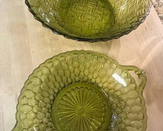 Vintage Indiana Glass Co. Olive Green Basketweave and Grape Harvest Serving Bowls second image