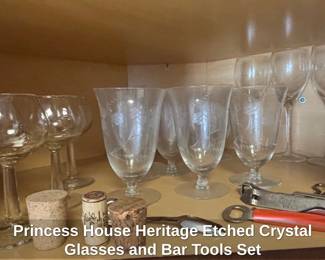Princess House Heritage Etched Crystal Glasses and Bar Tools Set