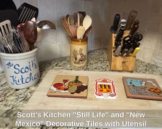 Scotts Kitchen Still Life and New Mexico Decorative Tiles with Utensil Holders and Knife Block