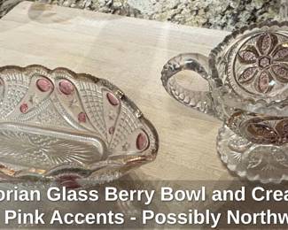 Victorian Glass Berry Bowl and Creamer with Pink Accents Possibly Northwood Grape Gothic Arch