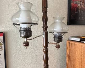 Vintage Brass and Wood Tension Pole Floor Lamp with Glass Shades