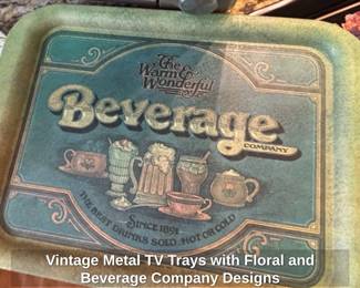 Vintage Metal TV Trays with Floral and Beverage Company Designs second image