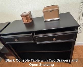 Black Console Table with Two Drawers and Open Shelving second image
