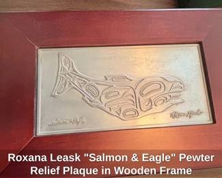 Roxana Leask Salmon Eagle Pewter Relief Plaque in Wooden Frame second image